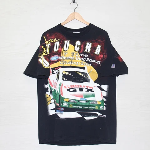 Vintage John Force NHRA Castrol GTX Racing T-Shirt Large All Over Print 1998 90s Cover