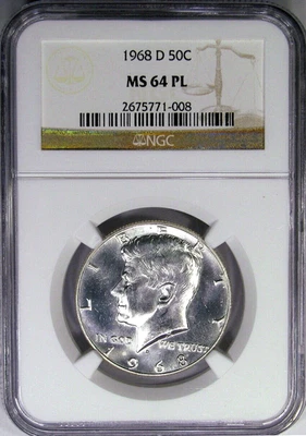 1968-D 50C NGC MS64PL 40% SILVER KENNEDY ~ RARE PROOFLIKE DATE! - Image 1 of 4