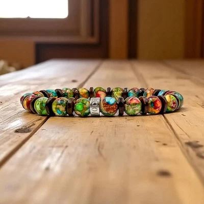 Men’s Gemstone & Wood Bead Bracelet - Jungle Fiesta - Handmade Stretch Jewelry - Image 1 of 4