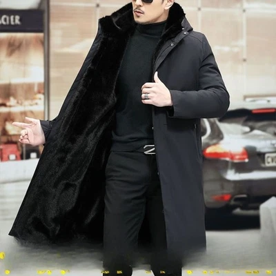Mens Winter Mink Fur Lining Jacket Mid Long Mink Fur Coat Thickened Warm Jacket - Image 1 of 4