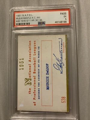 Psa 5 1951 Mickey Mantle PSA Ticket Pass/KC Minor League 11 HR 361 BA Yankees - Image 1 of 2