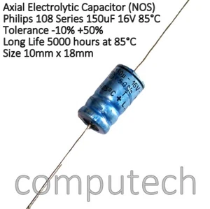 150uF 16V 85°C Condensatore Elettrolitico Assiale PHILIPS 108 Serie (NOS) - Foto 1 di 1