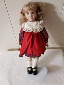 Porcelain Doll - 13" Christmas Red/Plaid Dress w/Stand - Blonde/Brown - Picture 1 of 4