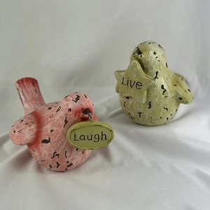 Live And Laugh Bird Figurines Set Of 2 Pink White Distressed Resin 7” - Picture 1 of 7