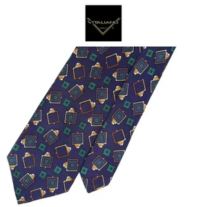 Vitaliano Pancaldi Blue Tie - Gold Green Squares Pattern Italy Silk Vintage Tie - Picture 1 of 10