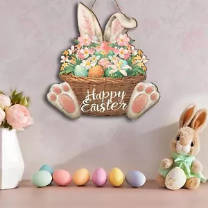 Happy Easter Colorful Flowers Eggs Basket Bunny Wooden Door Wall Hanging Sign - Picture 1 of 12