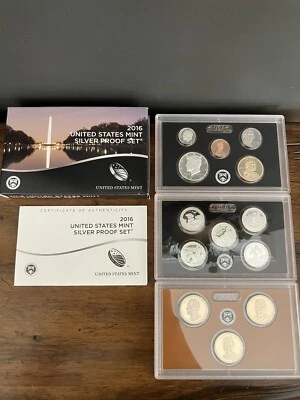 2016 US Mint SILVER Proof set - 13 coins - final yr of Pres Dollars, w/ Box, COA - Image 1 of 4