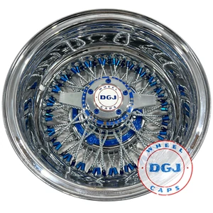 RUEDA DGJ 13x7 Rev 72 CL Radios Diamante, Anillo Azul Nip & Hub Ruedas de Alambre Lowrider - Imagen 1 de 4