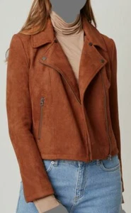 $481 French Connection Women Brown Asymmetrical Full-Zip Crop Moto Jacket Coat 2 - Picture 1 of 1