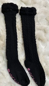 Vintage Betsey Johnson Pointelle Knit Socks Over The knee Black Ruffle Bow RARE - Picture 1 of 5