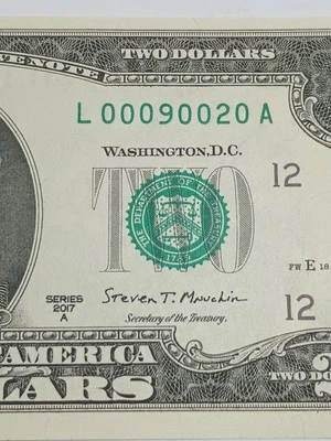 2017A $2 L SAN FRANCISCO BEP L-A BLOCK LOW SERIAL NUMBER TRINARY 6 ZEROS CRISP - Image 1 of 4