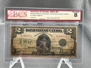 1923 Dominion of Canada $2 Bank Note Green Seal Graded BCS VG-8 SN# G642224 - Picture 1 of 5