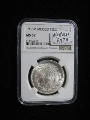 Peso de plata México 1933 NGC MS 67 blanco explosivo Foto 1 de 3