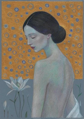 original drawing A4 141GK artwork mixed media modern female portrait - Image 1 of 4