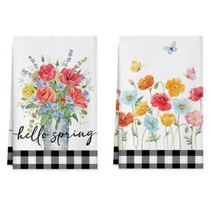 Hello Spring Watercolor Colorful Flowers Leaves Vases Butterfly Spring Kitche... - Picture 1 of 5