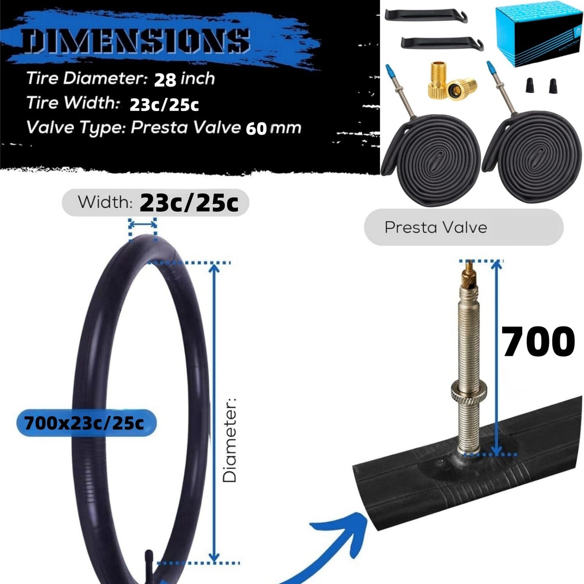3 Tubos Interiores Continental Race 28 Para Bici Carretera 700c - Válvula Presta 80mm, Ancho 20-25c | Incluye Adaptadores