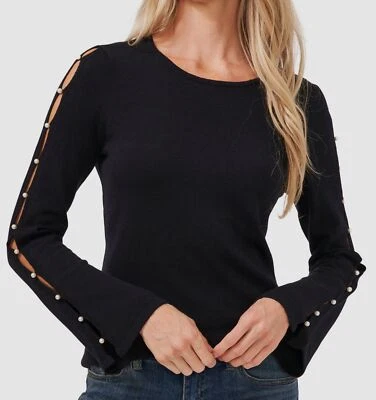 89 美元 CeCe 女式黑色串珠镂空长袖圆领毛衣 S 码 — 第 1/3 张图片