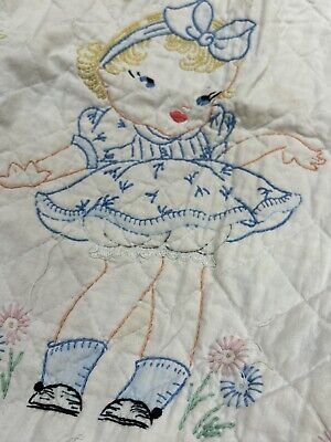 Vintage Hand Embroidered Baby Quilt With Cute Girl Flowers Butterfly • 18.95$