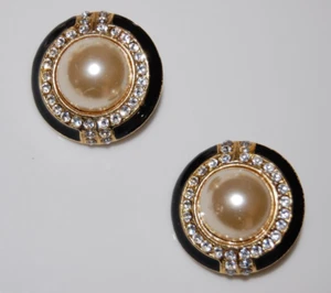 VTG 80'S BLACK ENAMEL FAUX PEARL CABOCHON CRYSTALS GOLDEN METAL CLIP ON EARRINGS - Picture 1 of 12
