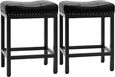 Saddle Bar Stools Set of 2 Kitchen Counter Height Dining Chairs w/Solid Wood Leg - Image 1 of 4