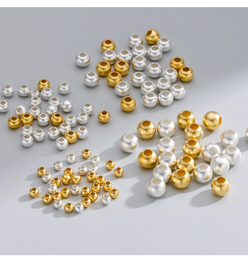 S925 Solid Silver Antique Gold Frosted Round Beads Loose Beads Jewelry Findings - Image 1 of 4