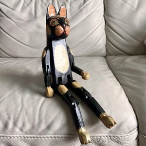 Artesanal Madera Negro Arte Popular Gato Articulado Brazos y Piernas Estante Cuidador - Imagen 1 de 7