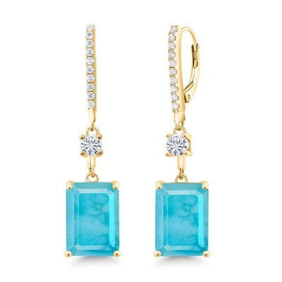 18K Yellow Gold Plated Silver Dangle Earrings Turquoise Moissanite (10.76 Cttw) - Image 1 of 4