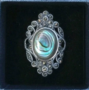 NWOT Silver Tone Abalone Center Ornate Marcasite Ring Women's Size 9 Stunning - Picture 1 of 6