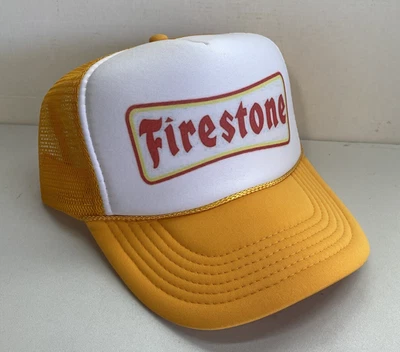 Vintage Firestone Tires Hat Trucker Hat snapback Gold Yellow Summer Cap - Image 1 of 2