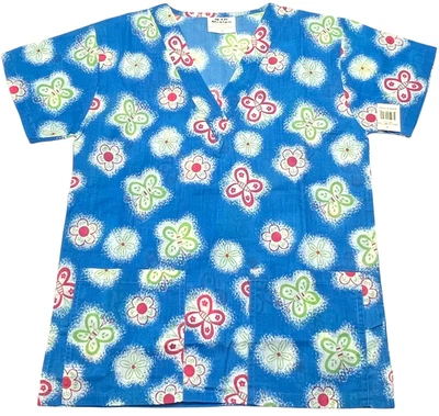 Print Scrub Top Womens (XS) Blue Butterfly Two Pockets Lightweight Medical NWT - Image 1 of 4