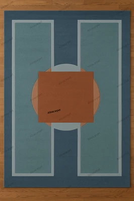 Небольшой шерстяной ковер ручной работы — современный ковер с геометрическим дизайном — синий и ржавый — - Изображение 1 из 4