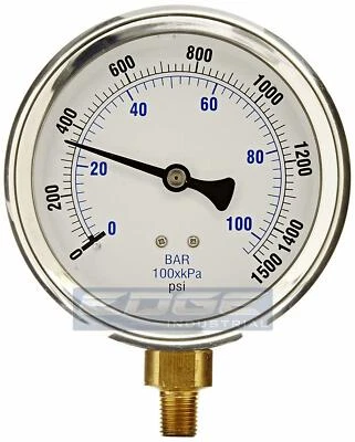 LIQUID FILLED PRESSURE GAUGE 0-1500 PSI, 4" FACE, 1/4" LOWER MOUNT - Image 1 of 2