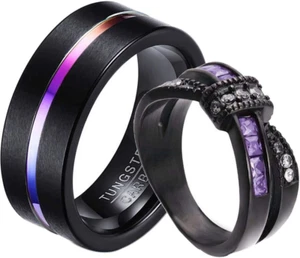 2 Rings His and Hers Couple Rings Black Gold Filled Womens Wedding Ring Cz Ti... - Picture 1 of 7