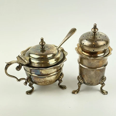 Antique Solid Silver Part Cruet Set Pepperette & Mustard E S Barnsley 1919 Cover