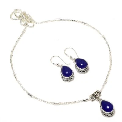 Juego de collar y pendientes hechos a mano enchapados en plata 925 de ónix azul de 18" Foto 1 de 3