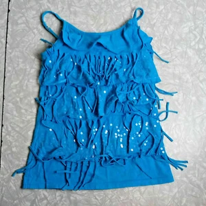 Justice Girl's 8 Cerulean Blue Tank Top, Sequin Fringe Tiered Festival Boho Top - Picture 1 of 12