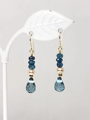 14k Yellow Gold London Blue Topaz Briolette and Pearl Cluster Dangle Earrings - Image 1 of 4