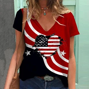 Women's Patriotic T-Shirt USA Flag Print 4th of July V-Neck Short Sleeve Top - Picture 1 of 54