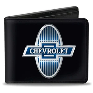 Buckle Down 1929 Chevrolet Bowtie Logo Black Silver Blue Vegan Leather Wallet - Picture 1 of 3