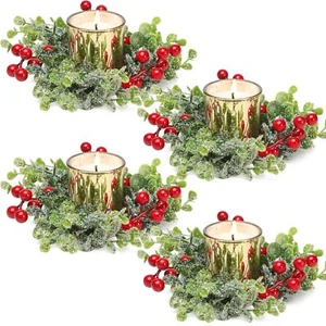 Christmas Candle Ring 4 Pcs Gold Votive Candles With Red Berry Xmas Candle Ring - Picture 1 of 5