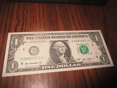$1 2013 FEDERAL RESERVE VERY LOW FIVE ZERO'S SERIAL # "00000871" UNCIRCULATED - Image 1 of 4