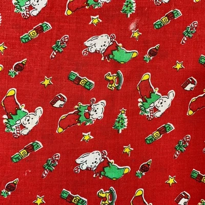 Vintage 70s Holiday Christmas Print Fabric 80" Cotton Red Puppies Bears - Image 1 of 4