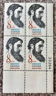 Scott #1446 Sidney Lanier (Poet), 1972 8c Stamp Block, mnh, og, vf/xf - Image 1 of 2