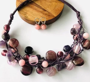 Purple Venetian Glass Amethyst Rose Quartz Necklace + Earrings Set Sliver Handmd - Picture 1 of 6
