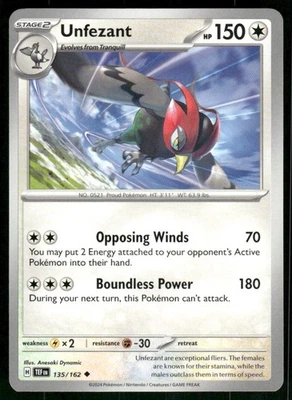 Unfezant 135/162 Uncommon Normal NM Pokemon SV05: Temporal Forces - Image 1 of 2
