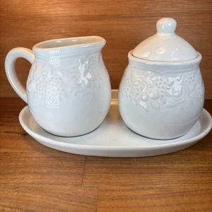 MARTHA STEWART HARVEST BORDER WHITE SUGAR & CREAMER WITH TRAY COUNTRY FARMHOUSE - Picture 1 of 14