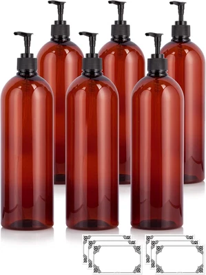 32 Oz Amber Boston round PET Bottles with Black Lotion Pump (6 Pack) + Labels - Image 1 of 4