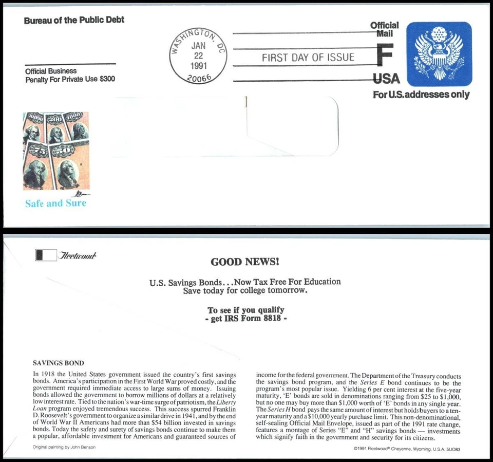 1991 Official Mail F-Rate stationery entire Sc UO83 Fleetwood FDC eagle & shield - Image 1 of 1