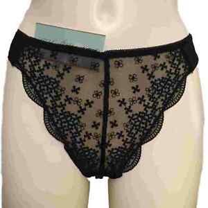Vanity Fair Black Thong Noir Sheer lace See through front & satin back Style 246