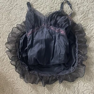 Vtg Nylon Ruched Full Slip Dress Bust lacy Black Satin Purple Ribbon 40's? gown - Picture 1 of 9